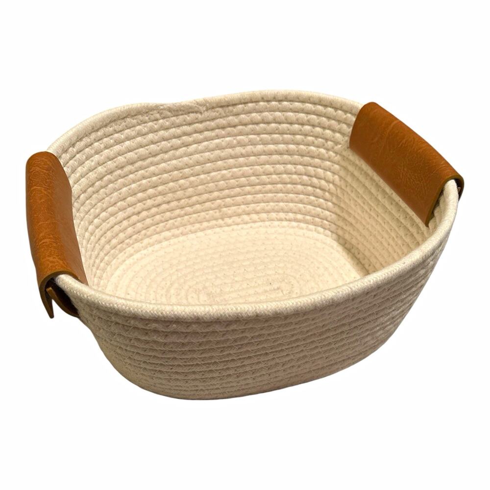 White Woven Rope Storage Basket, Faux Leather Handles, Rectangular 11x9x5